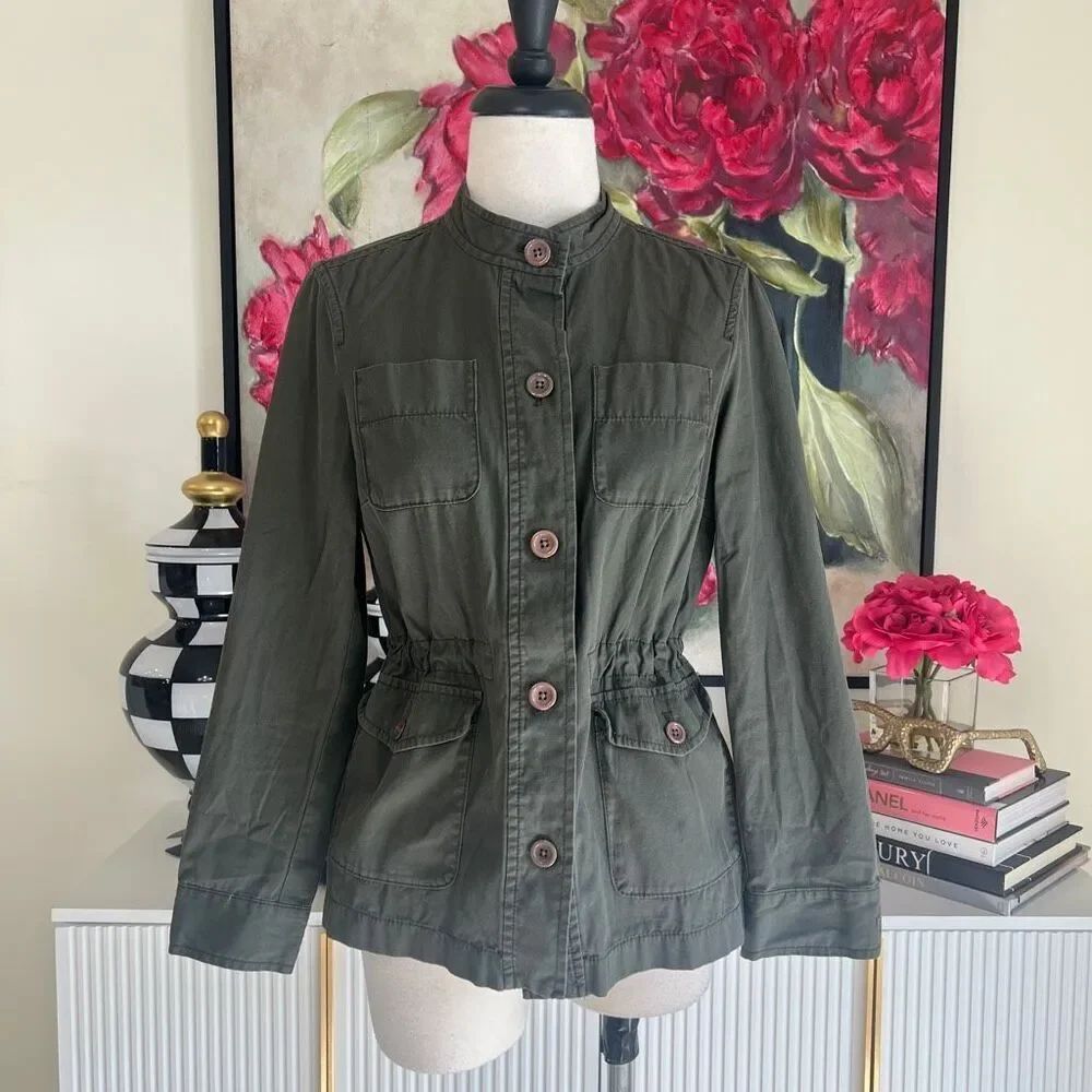 Lands' End Women's Button Front Drawstring Waist Cotton Utility Jacket Green XS